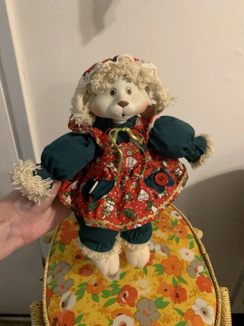 1995 Vintage Christmas rabbit bunny Plush porcelain face shelf sitter